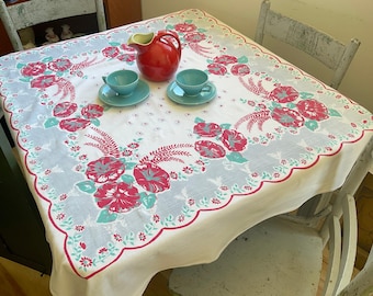 Vintage Tablecloth Red Morning Glories & Dainty Daisies