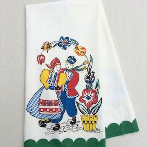 Vintage Tea Towel Loving Couple Dutch Folk Man and Woman Tulips Retro Kitchen
