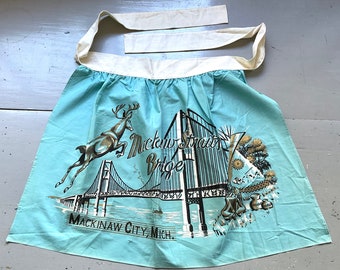 Vintage Souvenir Apron Mackinaw Bridge Michigan Minty Aqua Blue & Gold