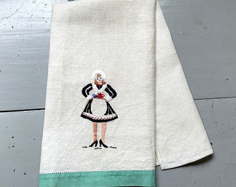 Vintage Embroidered Towel Maid Serves You Tea Retro Kitchen Fun