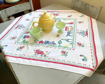 Vintage Tablecloth Small Town Life Sampler Style Trains & Fireman