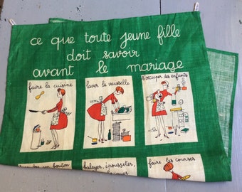 Vintage Towel What Every Girl Should Know Before Marriage Jacques Charmoz NOS Retro Kitchen Cartoon Wall Hanging