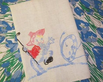 Vintage Embroidered Towel Farmer & His Hoe Chase After a Dish Farm Kitchen Anthropomorphic Retro Fun