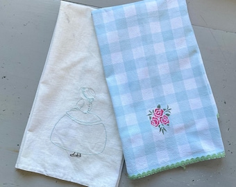 Vintage Embroidered Towels Pair of Green Sunbonnet Girl & Rose on Checks