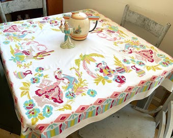 Vintage Mexican Tablecloth Colorful Market Day Senoritas Dance in the Corners