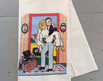 Vintage Towel Bride and Groom Cross the Threshold Retro Wedding Fun Happy Honeymoon