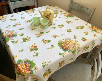 Vintage Hardy Craft Tablecloth: Viola Pattern Violets in Yellow