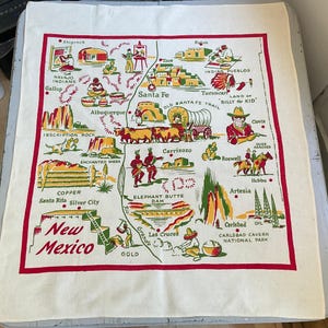 Nappe souvenir vintage des années 40 Nappe de carte d'état de cuisine rétro du Nouveau-Mexique des années 40