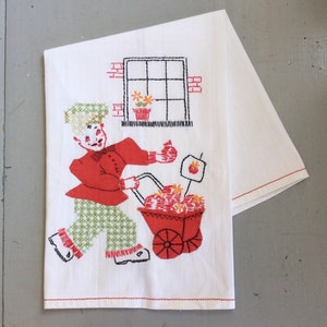 ヴィンテージ刺繍ティータオルアップリケアップルカートセラーレトロキッチンファン
