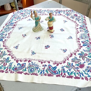 Vintage mexikanische Tischdecke bunte Blumenwagen & Sombreros Retro südwestliche Küche