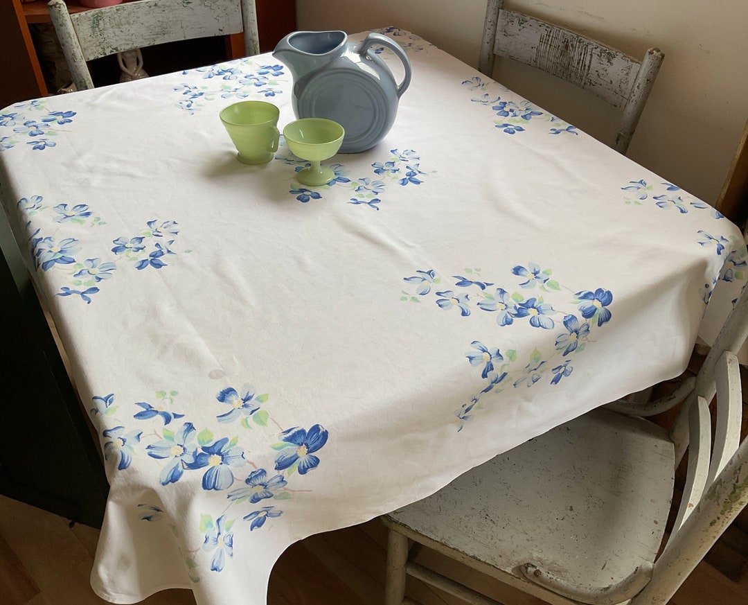 Vintage Wilendur Tablecloth Blue Dogwood Lakewood Floral Retro Kitchen