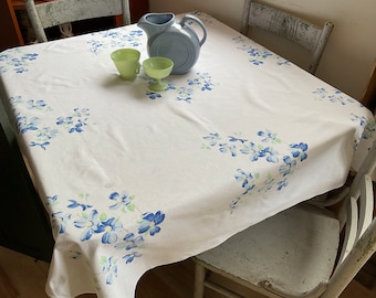 Vintage Wilendur Tablecloth Blue Dogwood Lakewood Floral Retro Kitchen