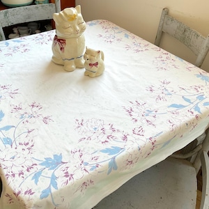 Vintage Tablecloth Peonies in Burgundy & Blue Retro Kitchen Floral Botanical
