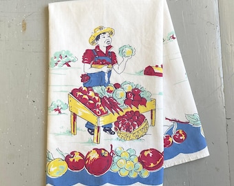 Vintage Tea Towel Farmer at Roadside Farm Stand Vegetable Cart