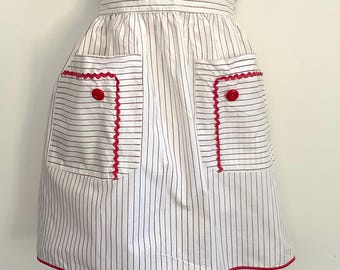 Vintage Apron Black & White Stripes w Red Rick Rack