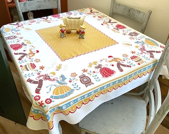 Vintage CHP Tablecloth Couples at the Square Dance California Hand Prints Retro Kitchen Fun