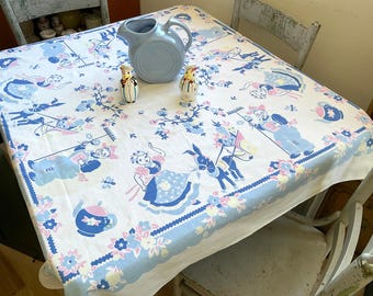 Vintage Broderie Tablecloth Farmer & Anthro Veggies w Teapots