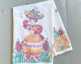 Vintage Broderie Towel Gorgeous Garden Girl Gathers Flowers