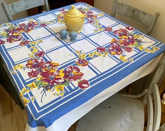 Vintage Tablecloth Pretty Poppies Around a Blue & White Grid Retro Kitchen Floral