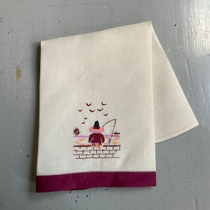 Vintage Embroidered Towel Mexican Senor Fishes Off the Wall Colorful Hand Towel