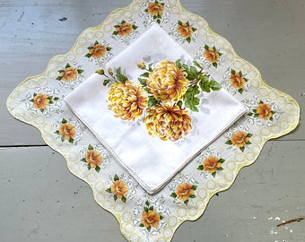 Vintage Hankies Pair Golden Poppies Yellow Dahlia Pretty Sunny Hues