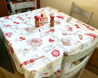 Vintage BBQ Tablecloth: Kooky Cow, Lobsters, Retro Kitchen - Simtex Bar B Que