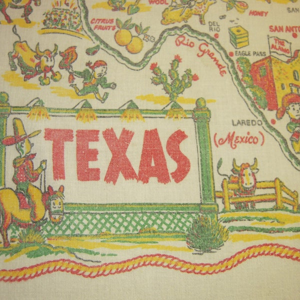 Vintage 1940's Souvenir Tablecloth TEXAS & Cowboys