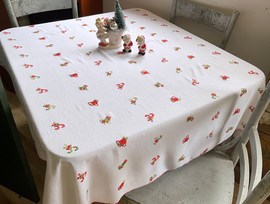 Vintage Christmas Tablecloth Embroidered Candy Canes & Bells Retro ...