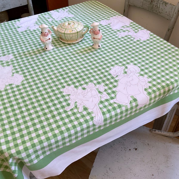 Vintage Tablecloth Chef & Waitress Serve Tea and Cake Green and White Checks Retro Fun