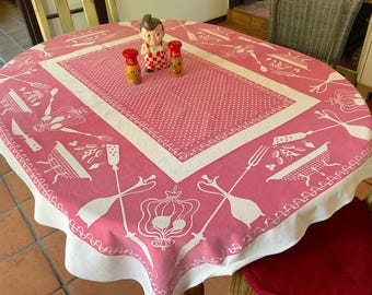 Vintage BBQ Tablecloth: Mid Century Modern Red & White Polka Dot
