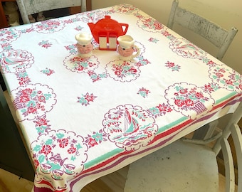 Vintage Tablecloth Sailboats Teapots & Flower Pots