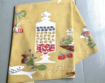 Vintage Martex Towel Mid Century Modern Italian Kitchen Olive Jars & Fish Retro Wall Hanging