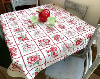 Vintage Springmaid Tablecloth Fab Fruit and Floral Blocks  MWT NWT NOS Lancaster Prints Retro Kitchen Klassic Red & Jadeite Green