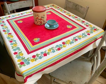 Vintage Tablecloth Colorful Roses & Stripes