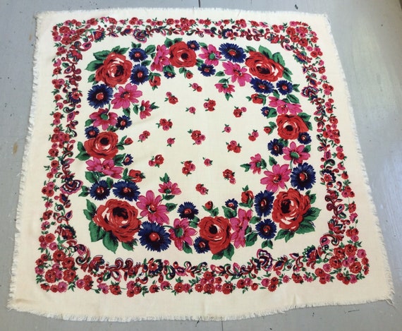 Vintage Scarf Colorful Rose Garden w Daisies Pink… - image 1