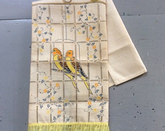 Vintage Towel Parakeets on a Swing in Their Cage Imperial MWT NWT NOS Retro Kitchen Tea Towel Wall Hanging Bird Lover Gift