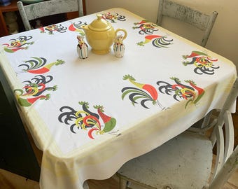Vintage Tablecloth  Mid Century Modern Roosters w Stripes