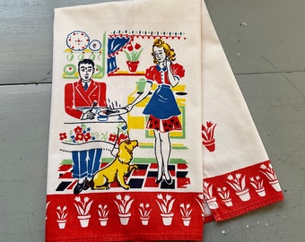 Vintage Tea Towel Cooking Disaster Oh No Young Wife Burned the Dinner Retro Kitchen Newlywed