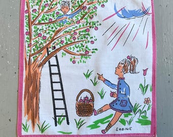 Vintage Hankie Kids Go Apple Picking Signed Sabine