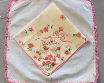 Vintage Hankie Pair Pink Carnations w Mother Card MWT & Pink n White Crochet