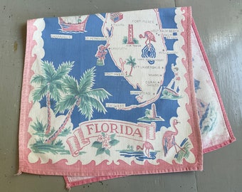 Vintage Souvenir Towel Fun Fabulous Florida Pirate Ship Flamingos Pink and Blue Retro Kitchen State Map