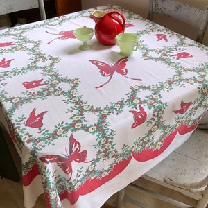 Vintage Tablecloth Marlene Linens ML Butterflies in the Rose Garden Retro Kitchen Floral