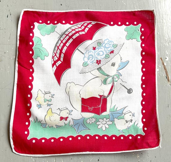 Vintage Hankie Mama Duck & Ducklings Out on a Rainy Day