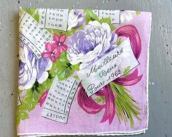 Vintage 1962 Calendar Hankie French Best Wishes For 1962