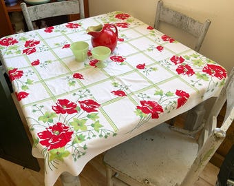 Vintage Tablecloth Red Poppies on Green Squares