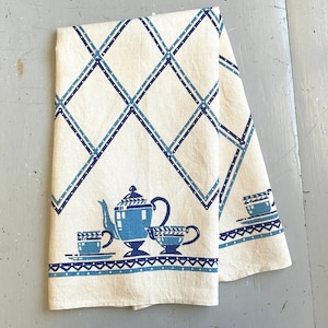 Vintage Broderie Towel Art Deco Blue Coffee Pots Tea Time
