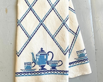 Vintage Broderie Towel Art Deco Blue Coffee Pots Tea Time