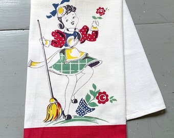 Vintage Tea Towel Broderie Pretty Maid Makes a Clean Sweep Retro Kitchen Fun Housework