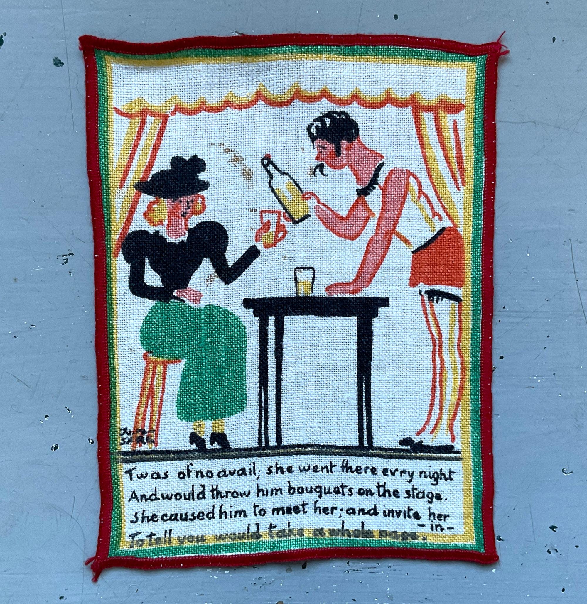vintage Tony Sarg serviette cocktail homme sur le trapèze volant en vers elle y est allée tous les soirs tissu de bar rétro