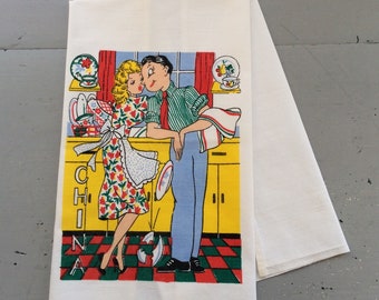 Vintage Towel Young Married Couple Do the Dishes Make Eyes Break Plates Retro Fun Kitchen